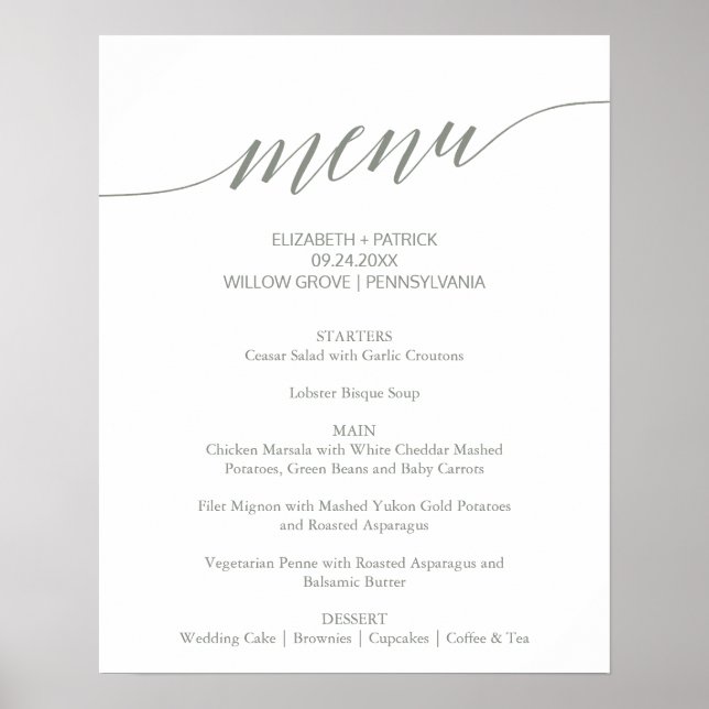 Elegante Sage Green Calligraphy Wedding Menu Sign Poster (Vorne)