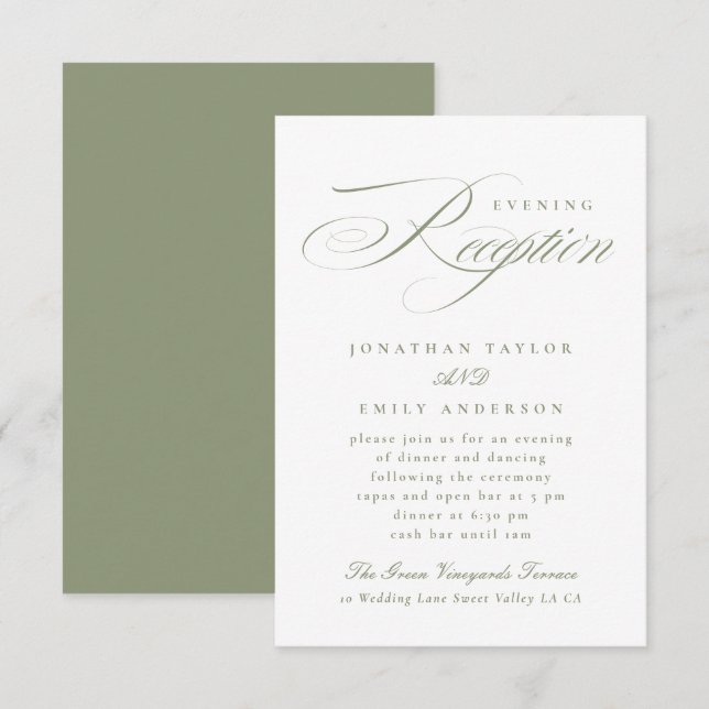 Elegante Sage Green Calligraphy Wedding Reception Begleitkarte (Vorne/Hinten)