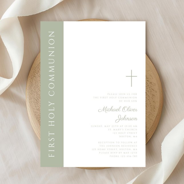 Elegante Sage Green Cross Erste Heilige Kommune Einladung (Elegant Sage Green Cross First Holy Communion Invitation)