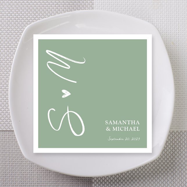 Elegante Sage Green Custom Initials Wedding Napkin Serviette (Elegant Sage Green Monogram Initials Wedding Napkins with Names)