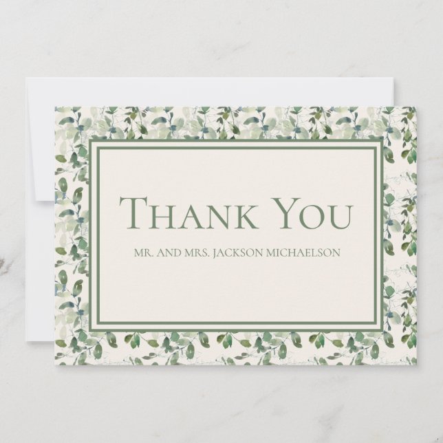 Elegante Sage Green Eucalyptus Blätter Cream Weddi Dankeskarte (Vorderseite)