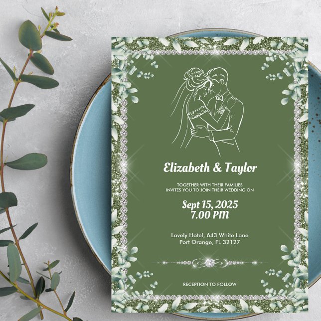 Elegante Sage Green Eucalyptus Glitzer Wedding Einladung (Von Creator hochgeladen)