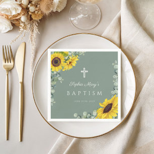 Elegante Sage Green Floral Cross Taufe Serviette
