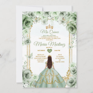 Elegante Sage Green Floral & Gold Quinceñera Einladung