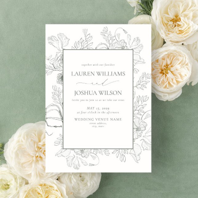 Elegante Sage Green Floral Line Art Wedding Einladung (Von Creator hochgeladen)