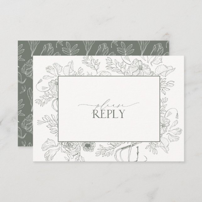 Elegante Sage Green Floral Line Art Wedding QR Cod RSVP Karte (Vorne/Hinten)