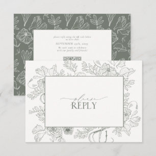 Elegante Sage Green Floral Line Art Wedding QR Cod RSVP Karte