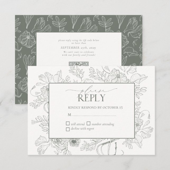 Elegante Sage Green Floral Line Art Wedding RSVP Karte (Vorne/Hinten)