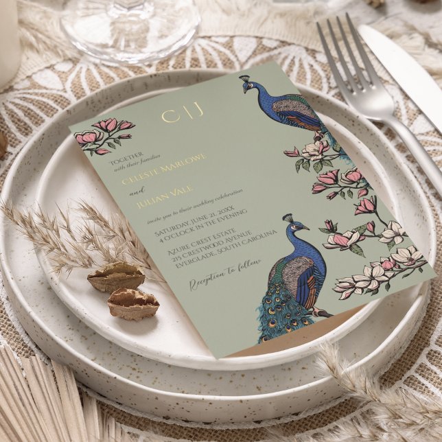 Elegante Sage Green Floral Peacock Wedding Folieneinladung (Real Gold Foil Elegant Rustic Peacock on Magnolia Tree. Hand-Drawn Modern Chinoiserie in Sage Green)