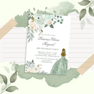 Elegante Sage Green Floral Prinzessin Birthday Einladung