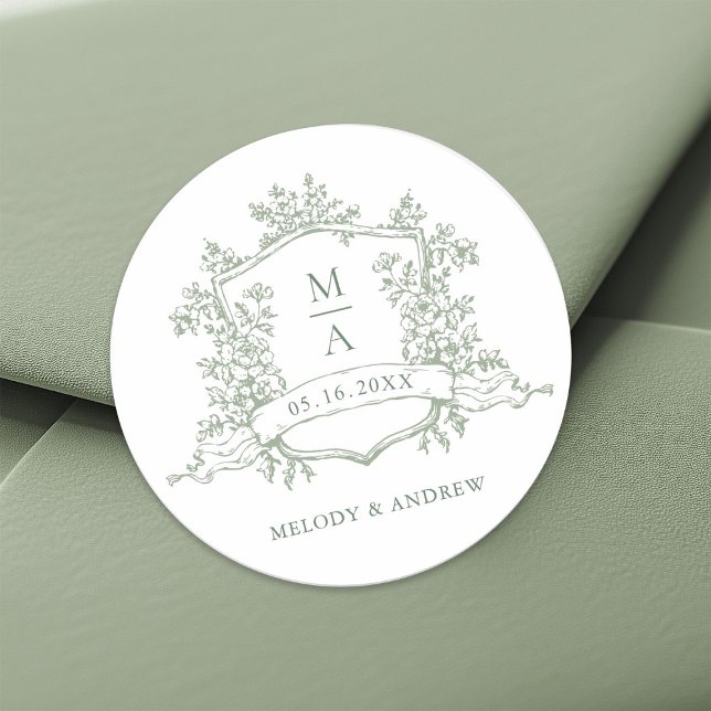 Elegante Sage Green Floral Wappen Monogramme Hochz Runder Aufkleber (Von Creator hochgeladen)
