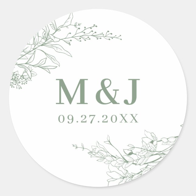 Elegante Sage Green Floral Wreath Monogram Wedding Runder Aufkleber (Vorderseite)