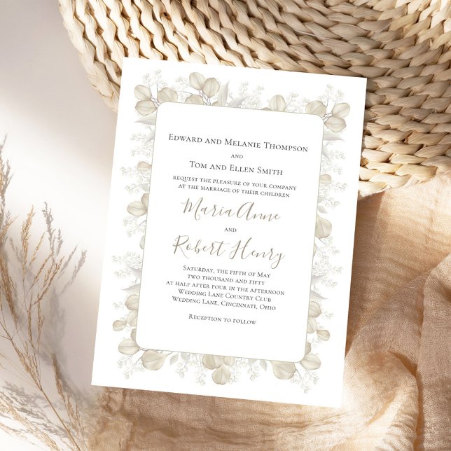 Elegante Sage Green Foliage Hochzeit Einladung (Simple and elegant sage green and cream foliage wedding invitation.)
