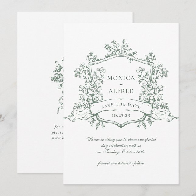 Elegante Sage Green French Garden Blume Hochzeit Save The Date (Vorne/Hinten)