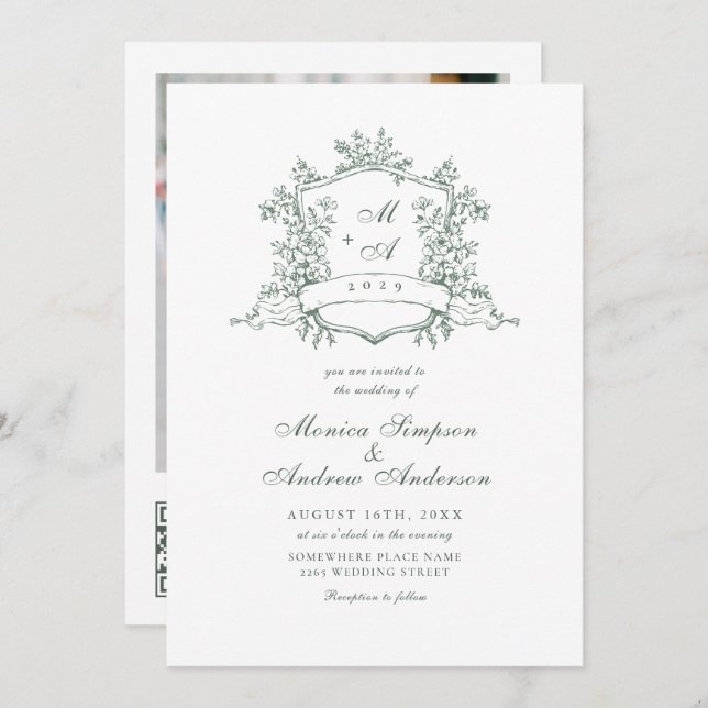 Elegante Sage Green French Garden Wedding QR Code Einladung (Vorne/Hinten)