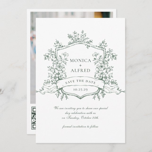 Elegante Sage Green French Garden Wedding QR Code Save The Date (Vorne/Hinten)