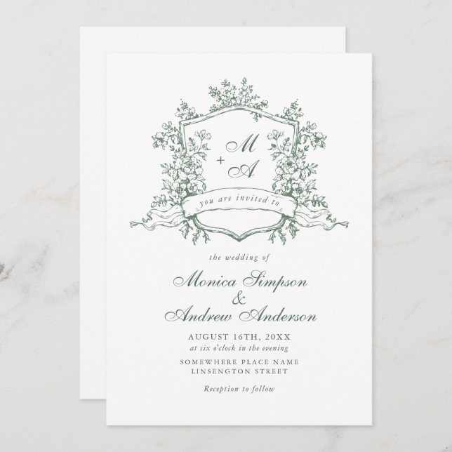 Elegante Sage Green French Rose Garden Wedding Einladung (Vorne/Hinten)