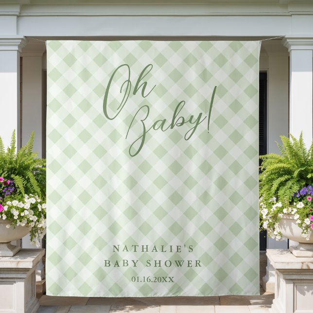Elegante Sage Green Gingham Baby Dusche Hintergrun Wandteppich (Von Creator hochgeladen)
