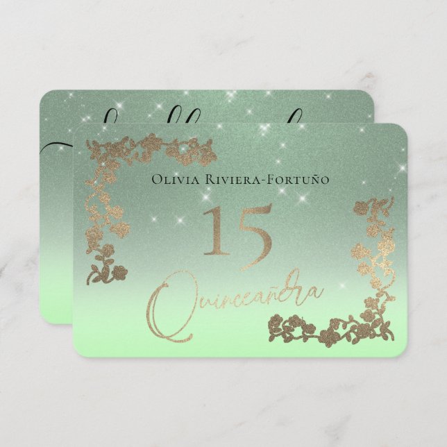 Elegante Sage Green Glitzer Chic Floral Quinceaner RSVP Karte (Vorne/Hinten)