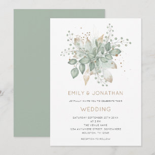 Elegante Sage Green Gold Foliage Hochzeit Einladun Einladung