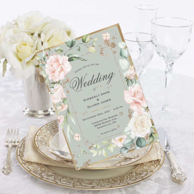 Elegante Sage Green Gold Wedding Einladung (Von Creator hochgeladen)