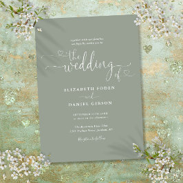 Elegante Sage Green Hearts Calligraphy Wedding Einladung