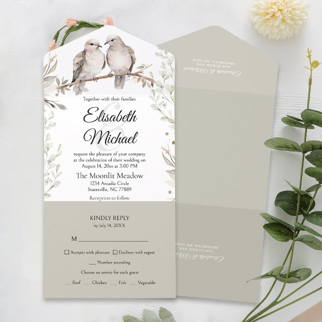 Elegante Sage Green Meal Entree Wedding RSVP All In One Einladung (Simplify your wedding with our all-in-one invitation – convenience and beauty in a single card.)