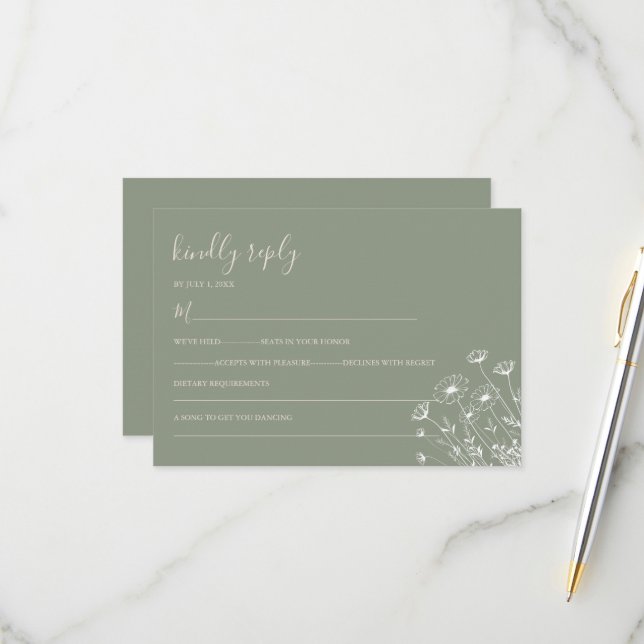 Elegante Sage Green Minimalistisch Boho Floral Wed RSVP Karte (Vorderseite/Rückseite Beispiel)
