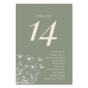 Elegante Sage Green Minimalistisch Boho Floral Wed Tischnummer
