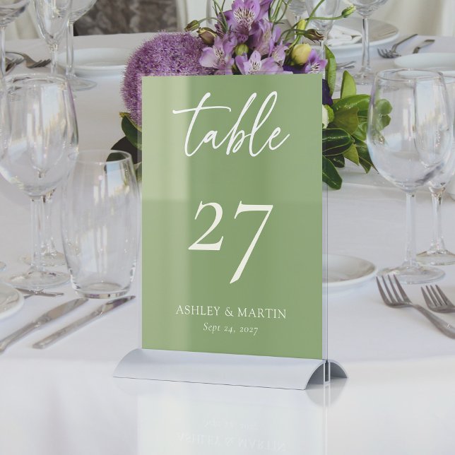 Elegante Sage Green mit Elfenbeinskripthochzeit Tischnummer (Elegant Sage Green with Ivory Script Personalized Wedding Table Number)