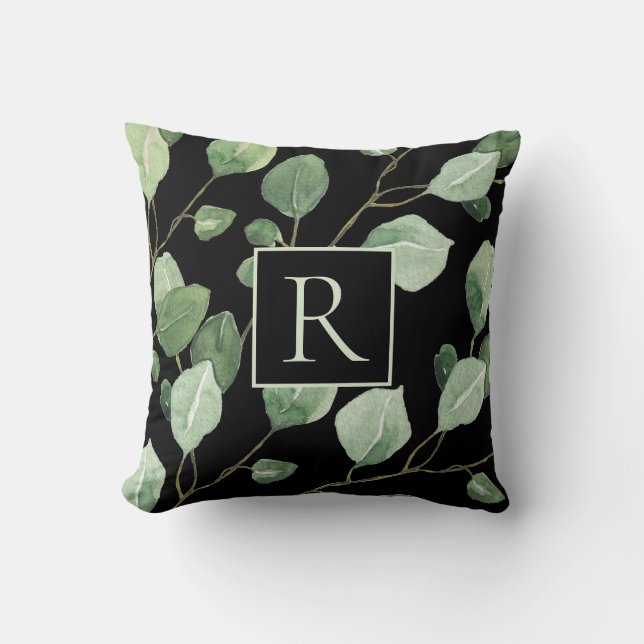 Elegante Sage Green Monogram Blätter Kissen (Vorderseite)