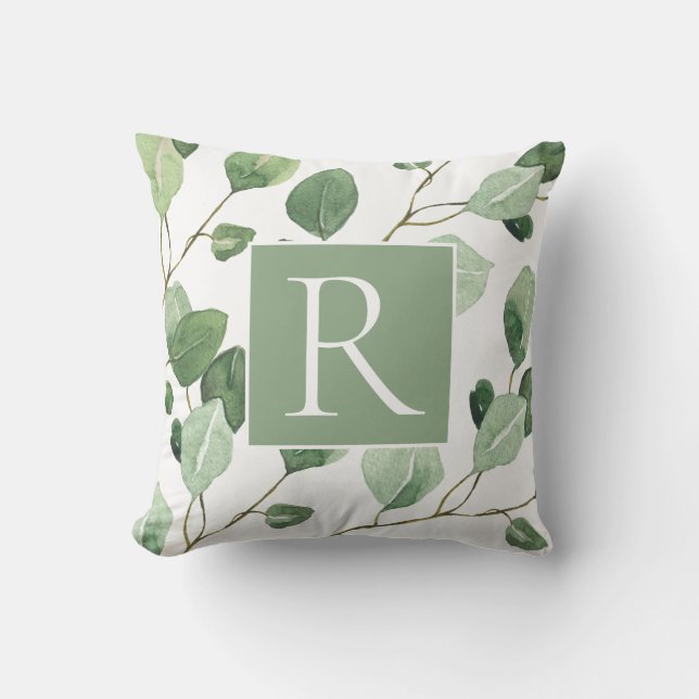 Elegante Sage Green Monogram Blätter Kissen (Vorderseite)