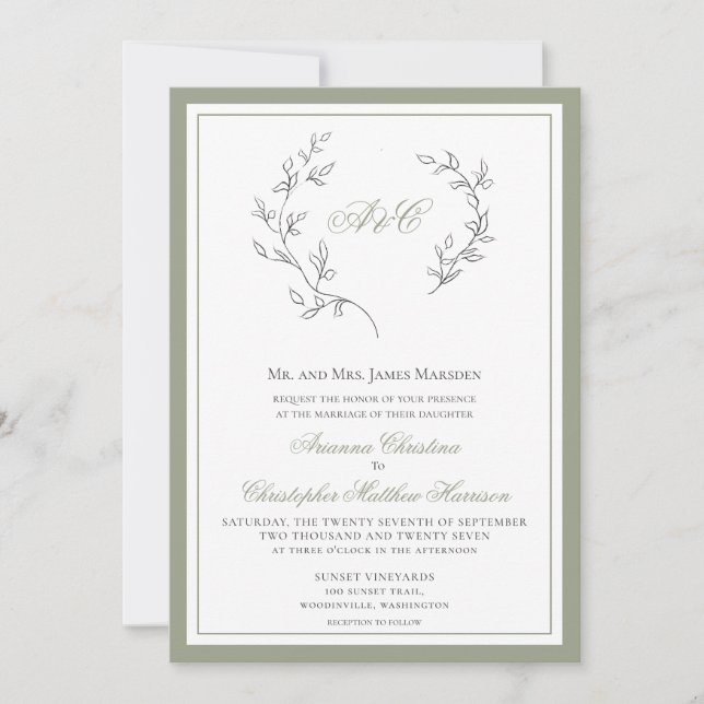 Elegante Sage Green Monogram Leaf Wreath Wedding i Einladung (Vorderseite)
