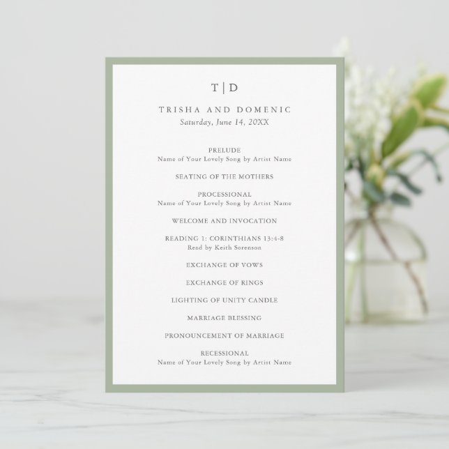 Elegante Sage Green Monogram Modern Wedding Programm (Stehend Vorderseite)