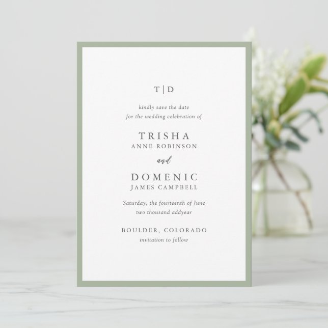Elegante Sage Green Monogram Modern Wedding Save The Date (Stehend Vorderseite)