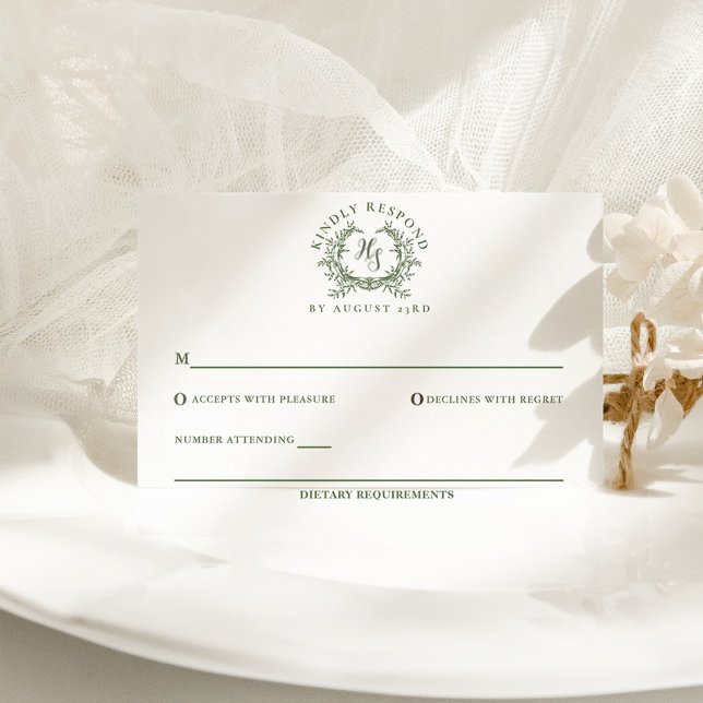 Elegante Sage Green Monogram Wappen Wedding RSVP Karte (Von Creator hochgeladen)