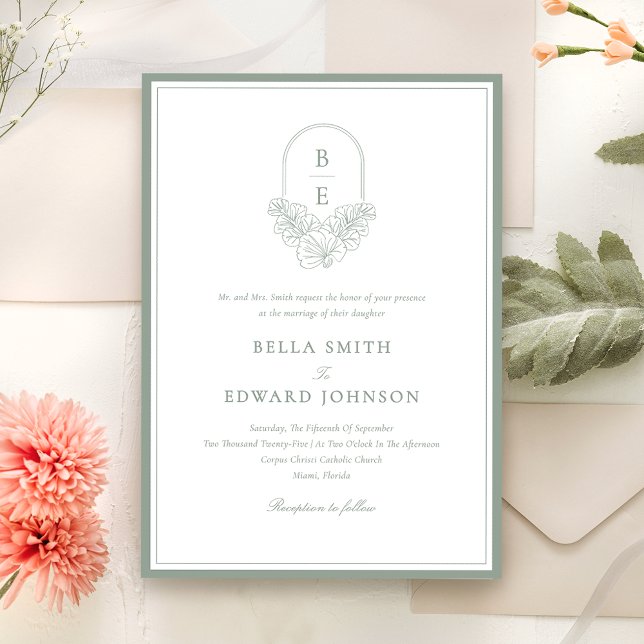 Elegante Sage Green Monogram Wedding Einladung (Von Creator hochgeladen)