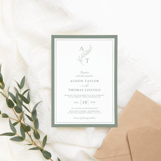 Elegante Sage Green Monogram Wedding Frame Einladung (Von Creator hochgeladen)