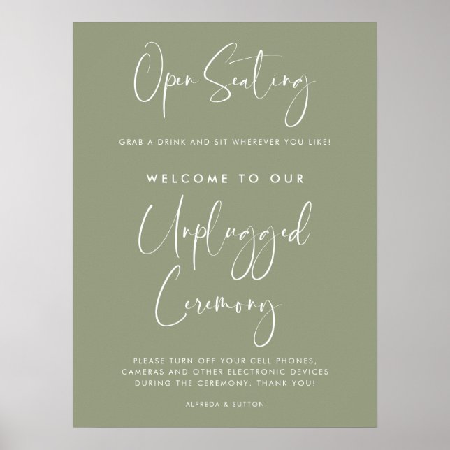 Elegante Sage Green Open Sites Unplugged Zeremonie Poster (Vorne)