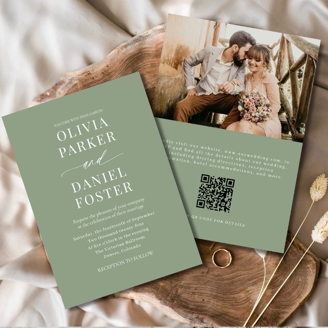 Elegante Sage Green QR Code Foto Hochzeit Einladung (Von Creator hochgeladen)