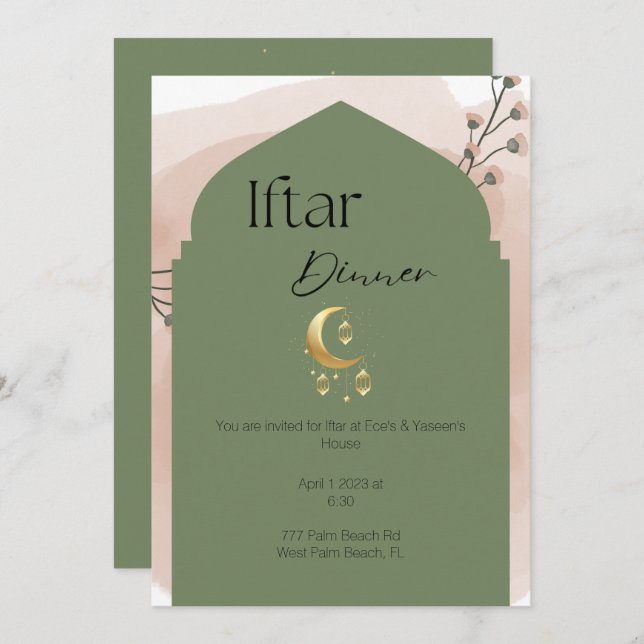 Elegante Sage Green Ramadan Iftar Einladung (Vorne/Hinten)