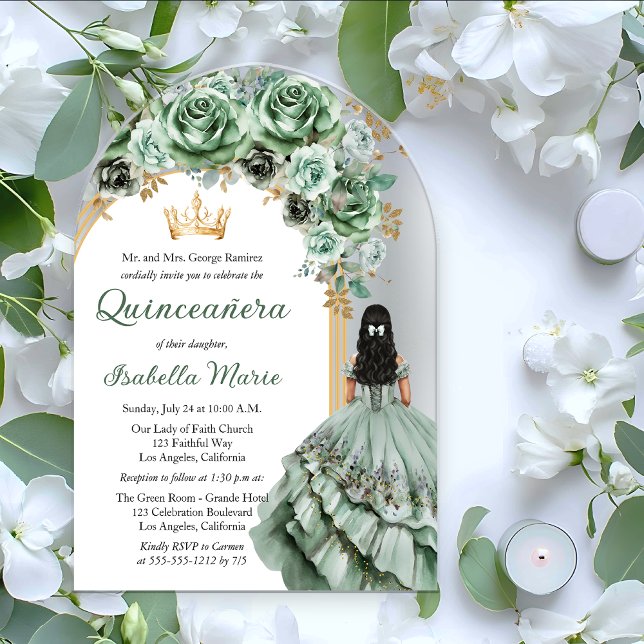 Elegante Sage Green Rose Floral Quinceañera Party Acryleinladungen (Elegant Sage Green Rose Floral Princess-Theme Brunette Dk Haired Quinceañera Acrylic Invitation)