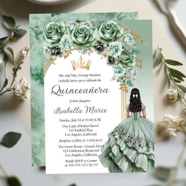 Elegante Sage Green Rose Floral Quinceañera Party Einladung (Elegant Sage Green Rose Floral Princess-Theme Brunette Dk Haired Quinceañera Invitation)