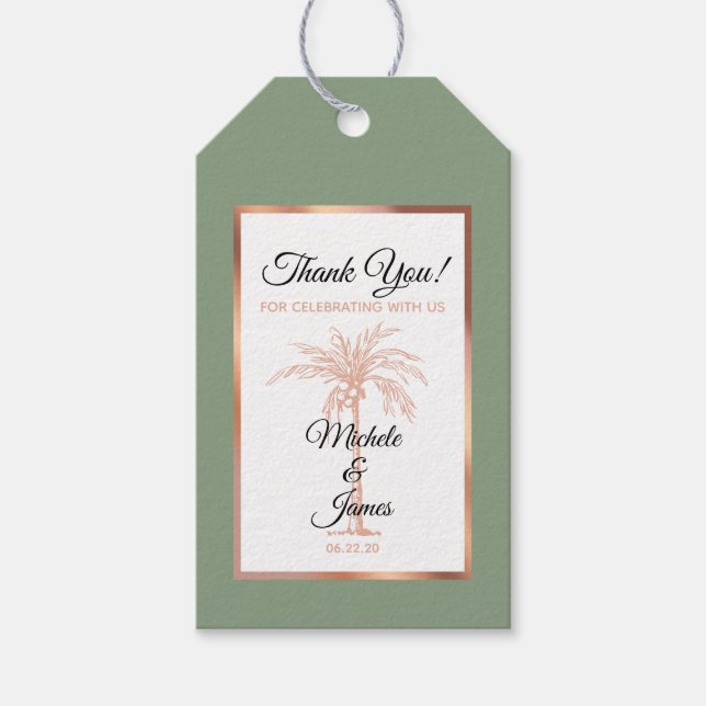 Elegante Sage Green Rose Gold Palm Tree Hochzeit Geschenkanhänger (Vorderseite)