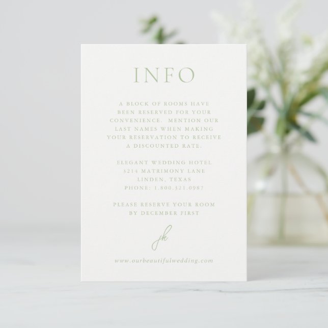 Elegante Sage Green Script Monogram Wedding Begleitkarte (Stehend Vorderseite)