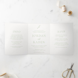 Elegante Sage Green Script Monogram Wedding Dreifach Gefaltete Einladung