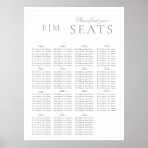 Elegante Sage Green Script Monogram Wedding Seat Poster