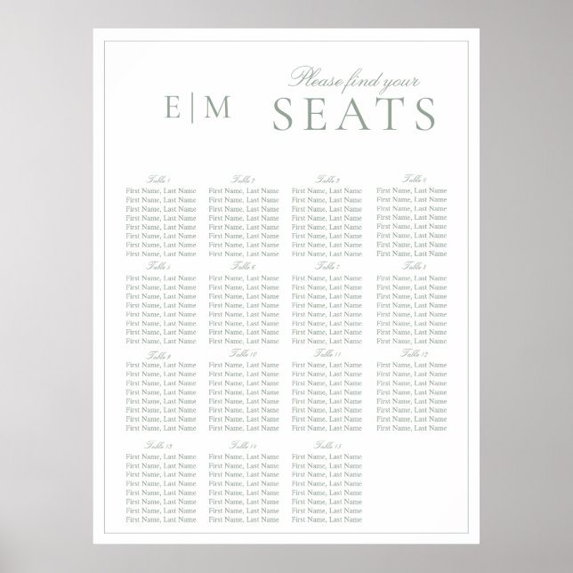 Elegante Sage Green Script Monogram Wedding Seat Poster (Vorne)