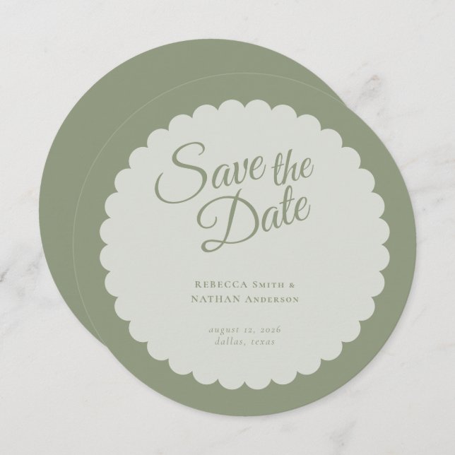 Elegante Sage Green Script Scallop Hochzeit Save The Date (Vorne/Hinten)