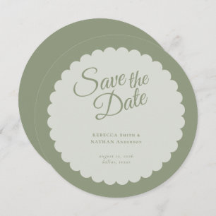 Elegante Sage Green Script Scallop Hochzeit Save The Date